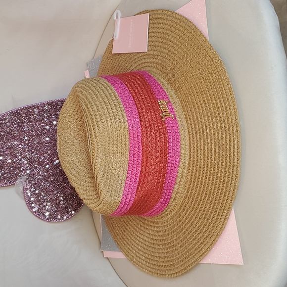 🎉HP🎉 Juicy Couture ❤️💖NWT💖❤️ Natural Straw Fedora Hot Pink & Red Stripe!❤️💖 - Picture 2 of 14
